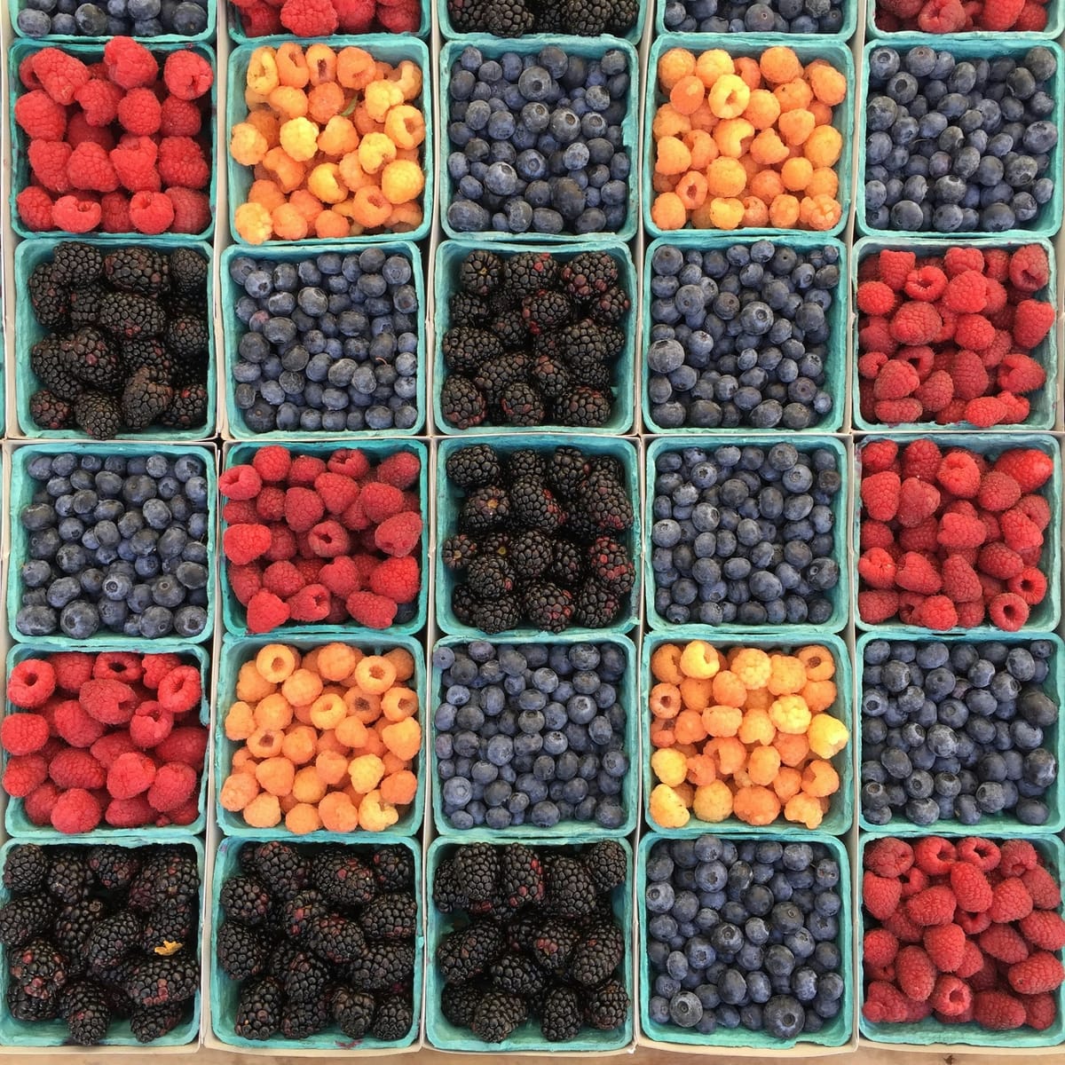 Various berries in boxes combined to a grid.